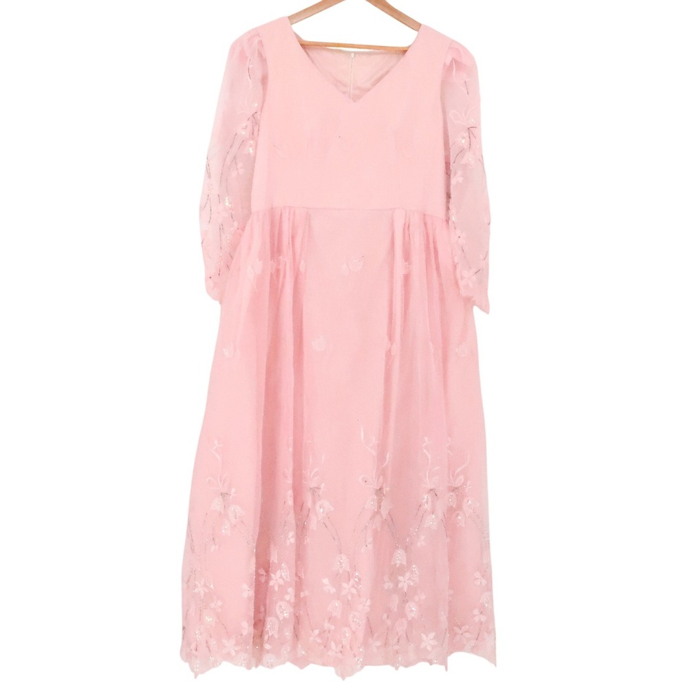 Vintage 70s Pink Floral Embroidered Sequin Maxi Dress Womens Size L Princess